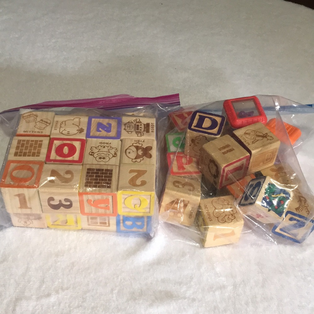 2” wooden blocks with numbers, letters, animals, and nouns